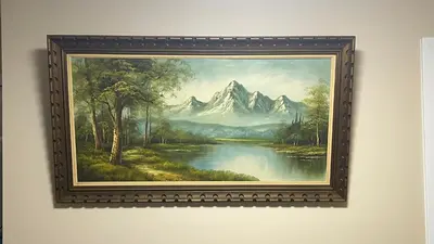a framed painting of a mountain and a river at Cozy Ground-Floor Room with Private Bath and Separate Entry in Delta