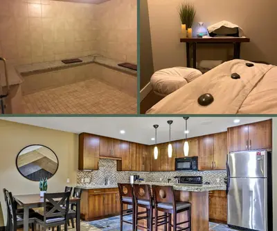 two pictures of a kitchen and a room at Fantastic Mountain View - Hot Tubs & Steam Room in Canmore