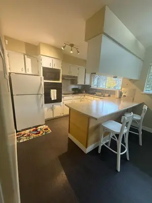 a kitchen with a refrigerator and a table and chairs at The Sunshine Haven in Delta