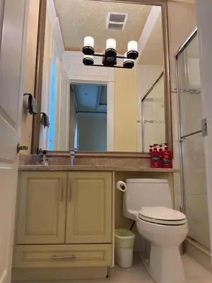 a bathroom with a toilet and a sink and a mirror at Grace Sweet Homes Kingsize Bedroom NOT A PRIVATE HOUSE - SHARED AMENITIES in Richmond