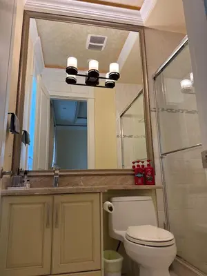 a bathroom with a toilet and a sink and a mirror at Grace Sweet Homes Kingsize Bedroom NOT A PRIVATE HOUSE - SHARED AMENITIES in Richmond