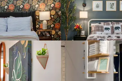 a collage of three pictures of a bedroom at Urban Retreat Suits 2 Bedroom & Feature Packed in Calgary