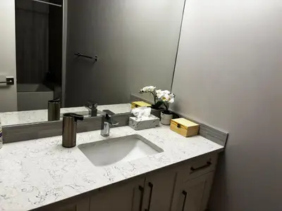 a bathroom counter with a sink and a mirror at Nature Home Near Downtown and 17th Avenue in Calgary