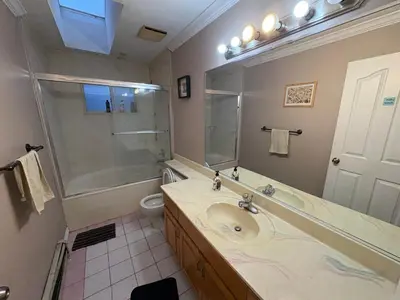 a bathroom with a sink and a shower and a toilet at North Delta Guest House - Scott Rd & Rapid Transit - Airport 20 Min - Free Parking & Fast Wi-Fi in Delta