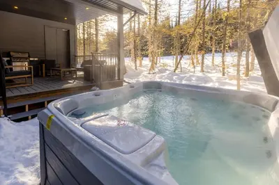 a jacuzzi tub in the snow in a house at Four Bears Chalet by Fernie Central Reservations in Fernie