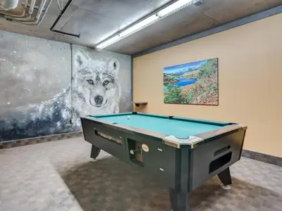 a pool table in a room with a picture of a wolf at Comfy 2BR Minutes from Downtown with Hot Tub in Dead Man's Flats