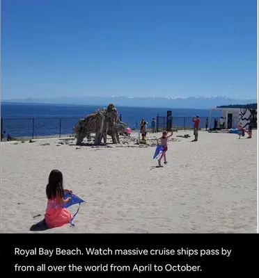a group of children playing on a beach with a statue at Lovely 2 bedroom suite in Langford in Metchosin