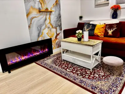 a living room with a couch and a fireplace at Laurel 27BnB in Edmonton