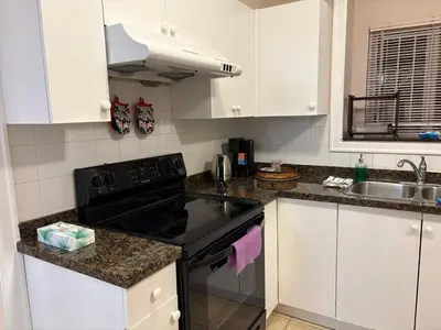 a kitchen with a black stove and a sink at Vacation Home in Vancouver