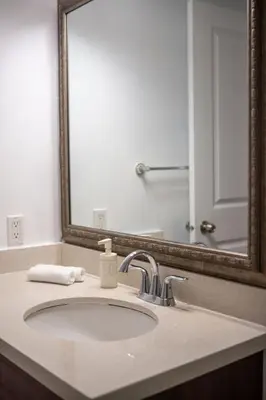 a bathroom with a sink and a mirror at Cozy 2B Suite in Great Location Near Trails & Shop in North Vancouver