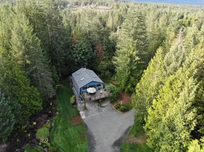 an overhead view of a blue house in the middle of a forest at Beaver Hut Bed And Breakfast in Port Alberni