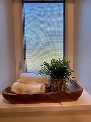 a window with towels and a potted plant on a window sill at 2BD cozy guest suite in West Vancouver! in West Vancouver