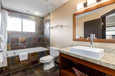 a bathroom with a tub and a toilet and a sink at Cozy Rocky Mountain Studio with Hot tub and Gym in Canmore