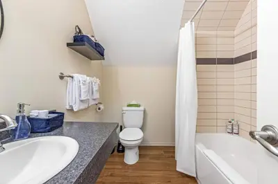 a bathroom with a toilet and a tub and a sink at Traveler Friendly Canmore Condo Close to Banff in Canmore