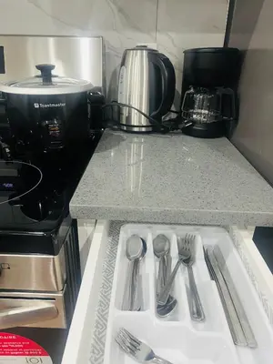 a kitchen sink with silver utensils on a counter at West Edmonton- Rose in Edmonton