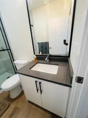 a bathroom with a sink and a toilet at West Edmonton- Rose in Edmonton