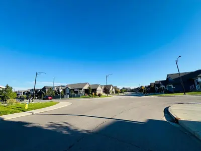 an empty street in a residential neighborhood with houses at West Edmonton- Rose in Edmonton