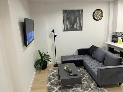 a living room with a couch and a tv at cozy basement suite with 1-bed, wi-fi & Neflix in Edmonton