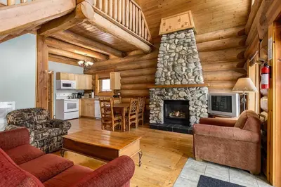 a living room with a fireplace in a log cabin at Wonderful Rockies Cabin Getaway for Hike or Ski in Golden