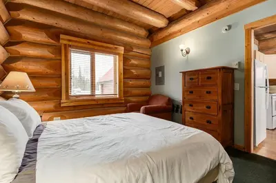 a bedroom with a bed and a wooden wall at Wonderful Rockies Cabin Getaway for Hike or Ski in Golden
