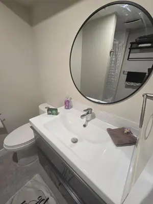 a bathroom with a white sink and a mirror at Beautiful Serenity in Edmonton