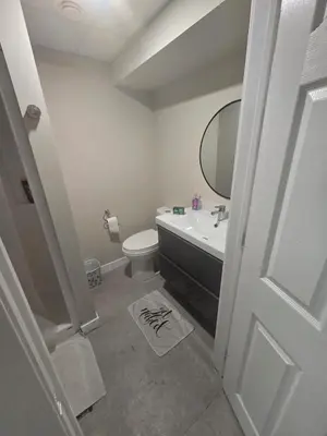 a bathroom with a sink and a toilet and a mirror at Beautiful Serenity in Edmonton