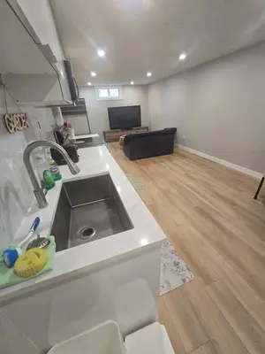 a kitchen with a sink and a living room at Beautiful Serenity in Edmonton
