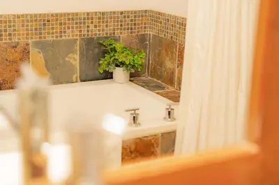 a bathroom with a sink with a potted plant on it at Corner Mountain View Retreat 2 Kings w Patio in Canmore