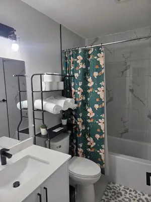 a bathroom with a toilet and a shower curtain at Cozy Suite Near West Edmonton Mall in Edmonton