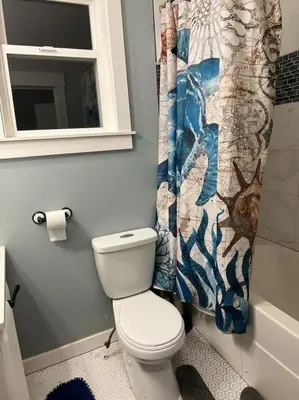 a bathroom with a toilet and a shower curtain at Ships Point Wellness INC in Fanny Bay
