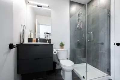 a bathroom with a toilet and a glass shower at Alpine Ascent with Hot Tub in Mackenzie Village in Revelstoke