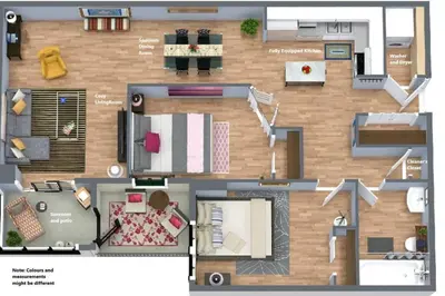a floor plan of a bedroom and a living room at Stylish DT Condo ~2 Blocks from Stampede Grounds in Calgary