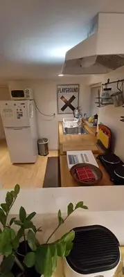 a kitchen with a stove and a counter top at Rosewood Garden Studio in New Westminster