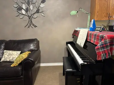 a living room with a piano and a couch at Sweet Home in Aldergrove