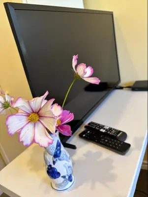 a vase filled with pink flowers sitting on a desk at Sweet Home in Aldergrove