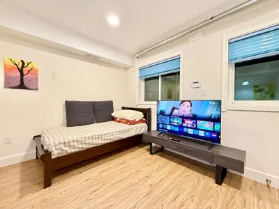 a living room with a large flat screen tv at Private Guest Suite, Two Parking Spaces in Maple Ridge District Municipality