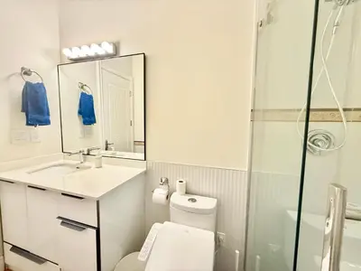 a bathroom with a toilet and a sink and a shower at Private Guest Suite, One Parking Space in Maple Ridge District Municipality