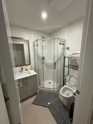 a bathroom with a shower and a toilet and a sink at The ideal place for professionals in Prince George