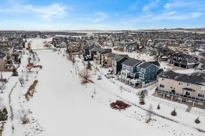 an aerial view of a city in the snow at Waterfront 1BR Suite Private and Modern and Queen Bed in Airdrie