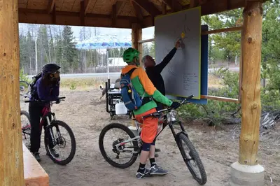 a man is pointing at a sign with a bike at Retreat Wilderness Inn in Nimpo Lake