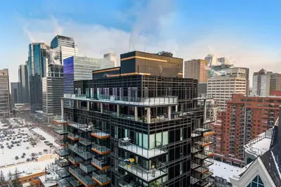 a view of a tall building in a city at Dt Spacious and Vibrant | Kng Bed| Outdoor patio in Calgary