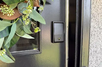 a black door with a handle and a plant at Newly Renovated, Bright & Cozy 3 bdrm Home - 6min from Rogers Arena in Edmonton