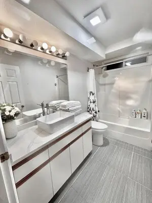 a bathroom with a sink and a toilet and a shower at 2BR sweet suite in Nanaimo