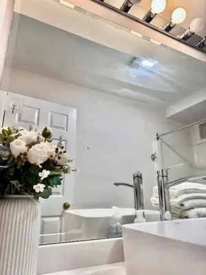 a bathroom with a vase of flowers on a counter at 2BR sweet suite in Nanaimo