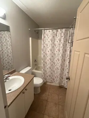a bathroom with a toilet sink and a shower curtain at 2-Bedroom Private Suite near VIU in Nanaimo