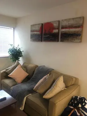 a living room with a couch with pillows at Quiet-comfy 3 bedroom house on a tree lined street in Kitsilano in Vancouver