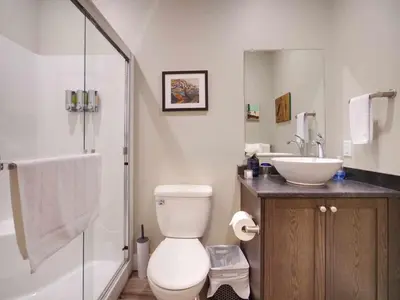 a bathroom with a toilet and a sink and a shower at Amazing Oceanfront & Eagle Views pet Friendly - 2 bath in Port Renfrew