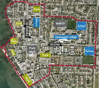 a map of a park with red outlines at Private ensuite bedroom with independent entrance in South Pandosy Gyro beach OC KGH in Kelowna
