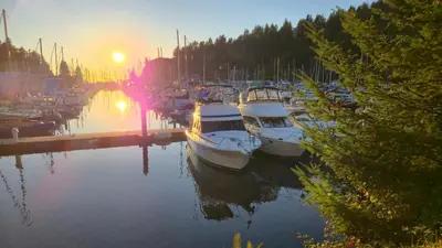 a group of boats docked in a marina at sunset at Modern Coastal 2BR Retreat with Private Hot Tub in Vancouver BC in West Vancouver