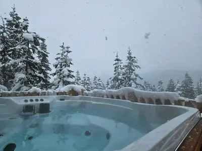 a hot tub covered in snow with trees in the background at Hot Tub - Sleep 12 - EV Charger J1772 - Forest View - Pet Friendly in Mount Washington